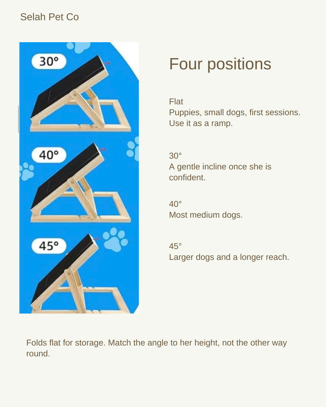 Four positions — flat, 30, 40 and 45 degree incline settings for different dog sizes